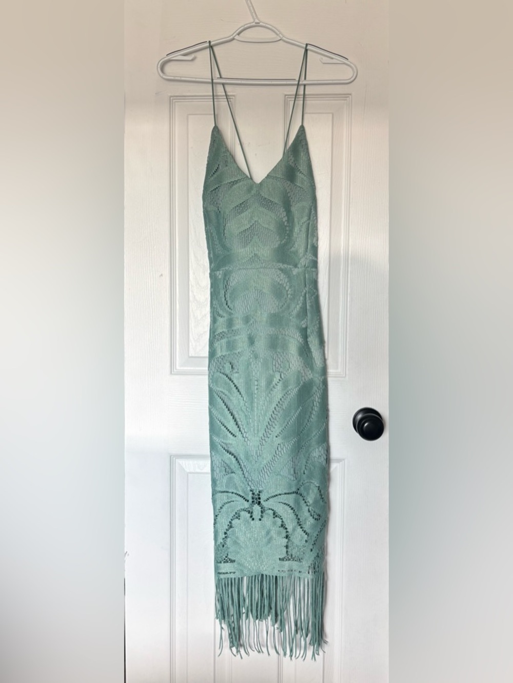 Mint Green Crochet Fringe Midi Dress with Spaghetti Straps